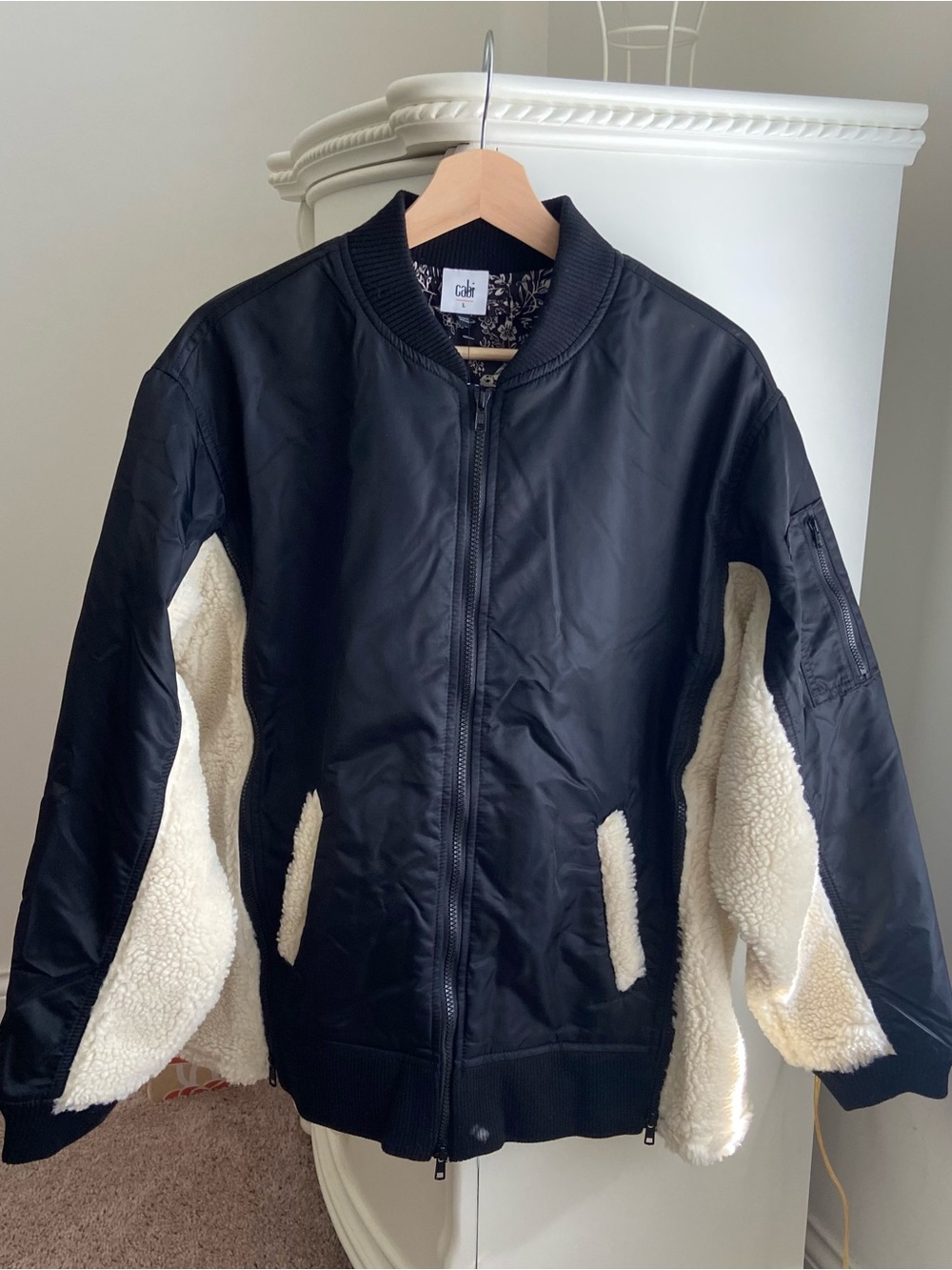 CAbi Black Jacket with Cream Sherpa Panels